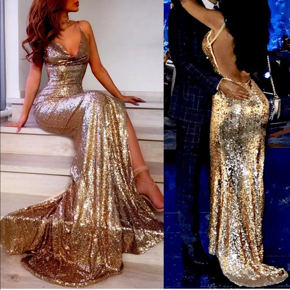 Gold Sequin Dress Prom Gown - Picture 2 of 4